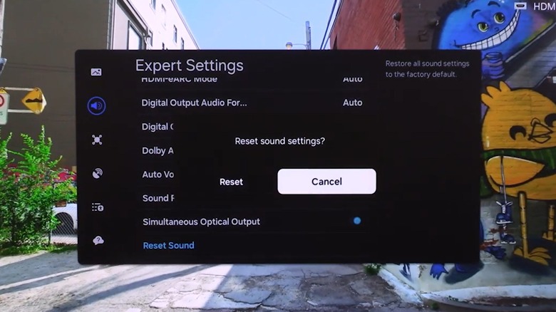 The 'Reset Sound' confirmation prompt on a smart TV screen.
