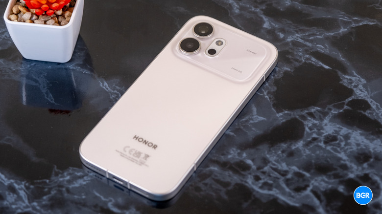 The rear panel of the Honor 600 showing its texture and curved edges.