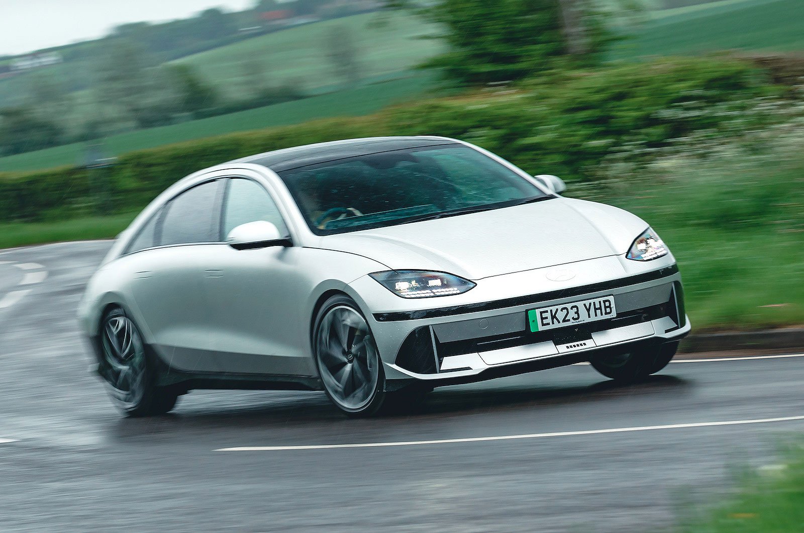 Front cornering view of a futuristic silver Hyundai Ioniq 6.