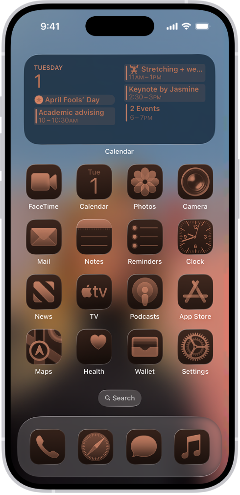 An iPhone home screen featuring tinted app icons and the new translucent UI elements of iOS 26.