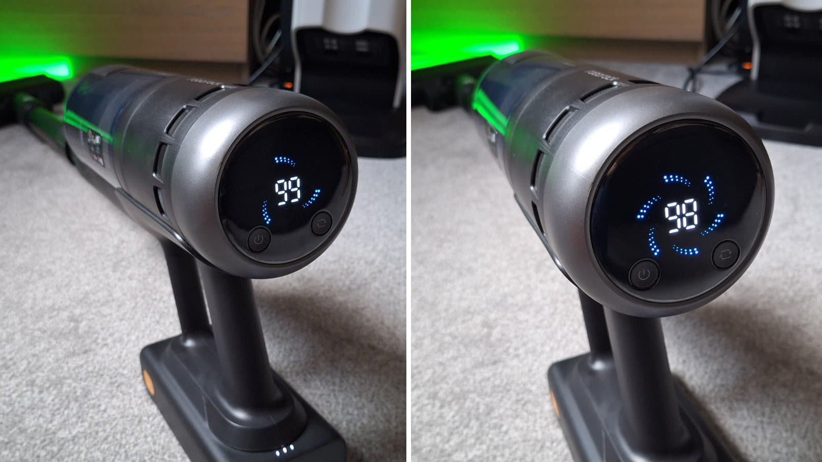 The LCD screen of the Roborock H60 showing 100% battery life and the current power mode.