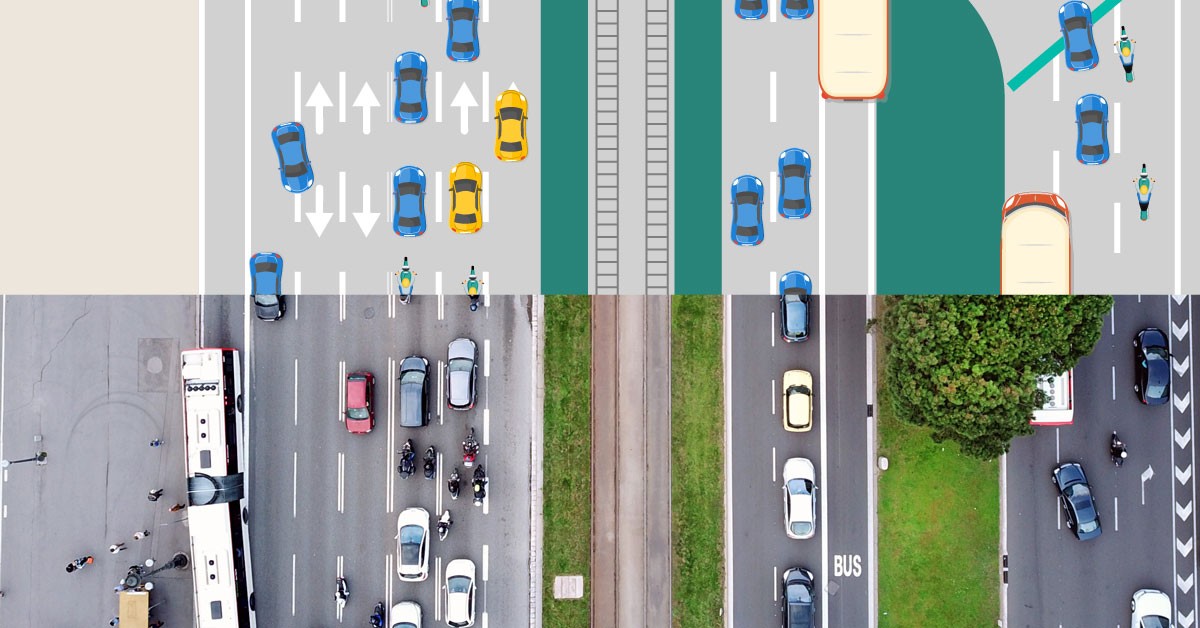 A digital 3D visualization of a city road network representing a digital twin simulation.