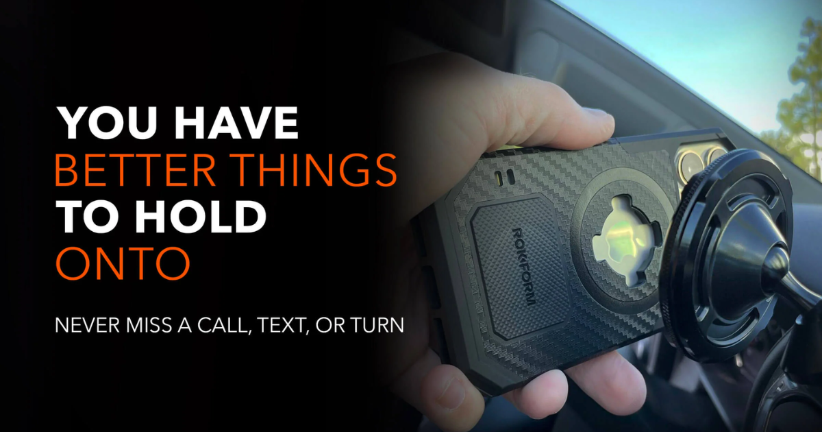 iPhone mounted securely in a car using a Rokform case and mount with CarPlay visible on the dashboard.