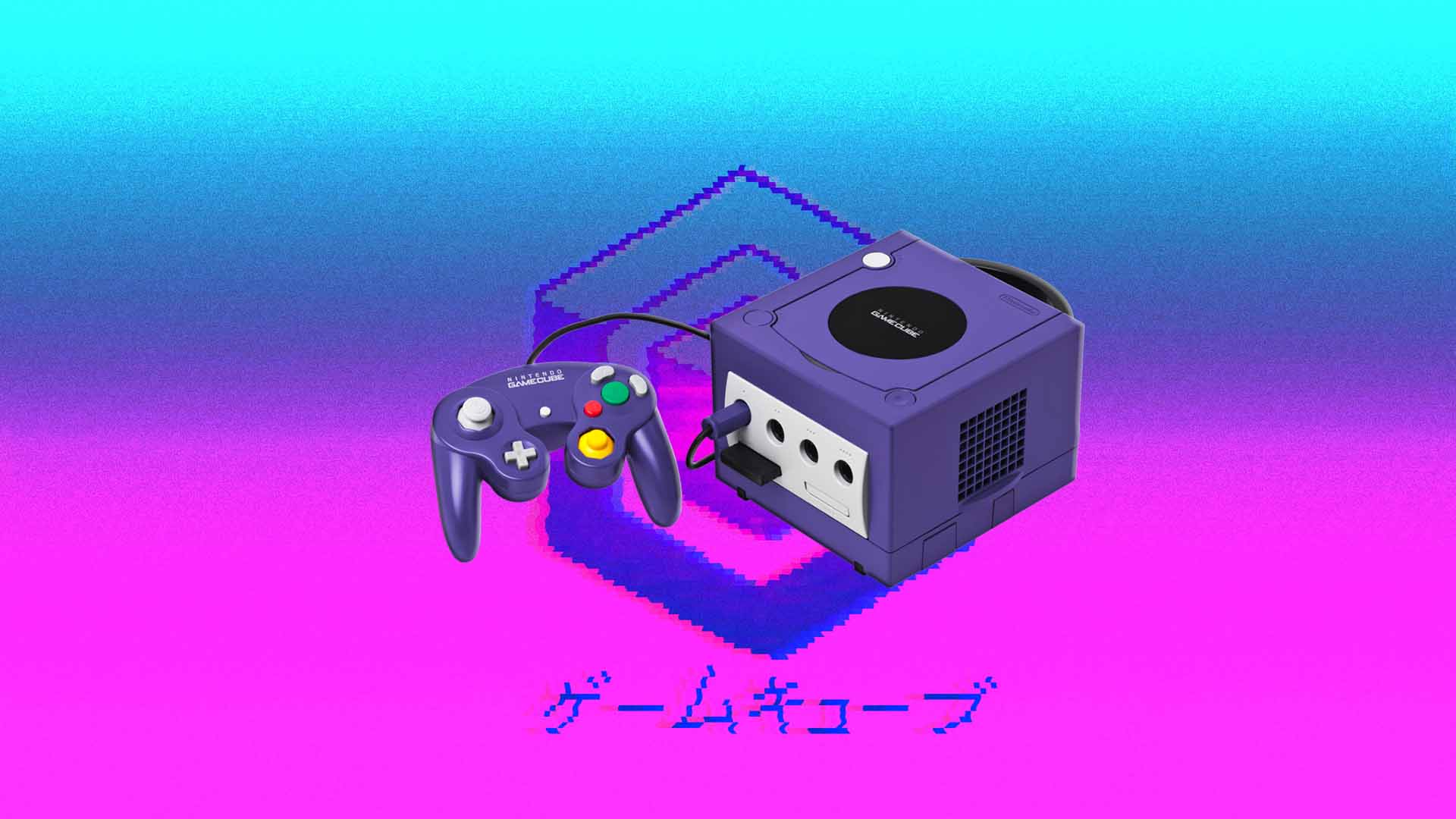 An indigo Nintendo GameCube console with its unique controller.