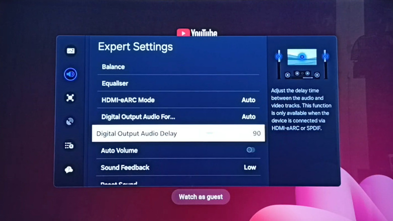 TV menu highlighting the 'Digital Output Audio Delay' option under expert settings.