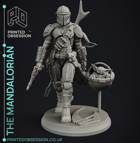 A 3D printed figure of The Mandalorian in polished Beskar armor with detailed weathering.