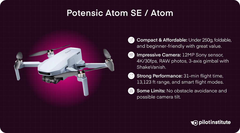 Infographic showing Potensic Atom SE drone specifications.