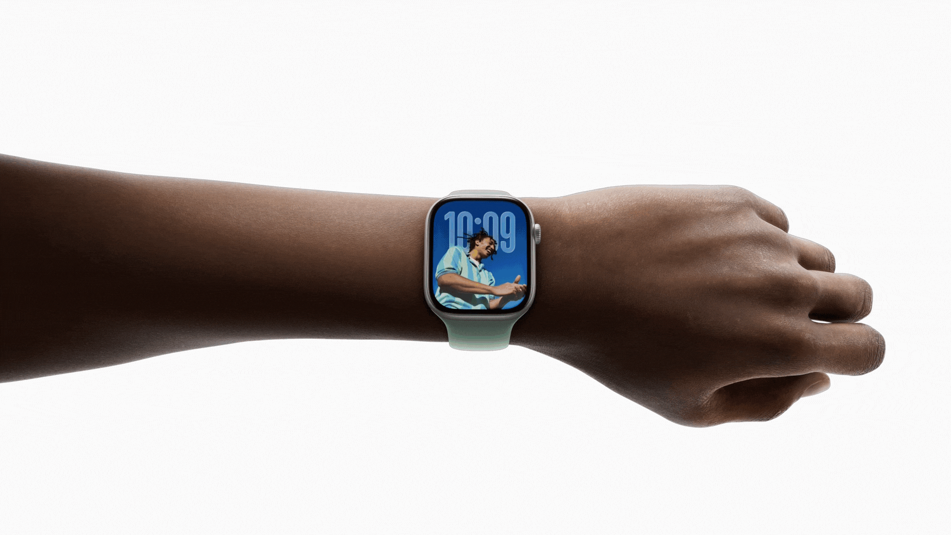 Graphic showing the double-tap or wrist flick gesture for Apple Watch navigation.