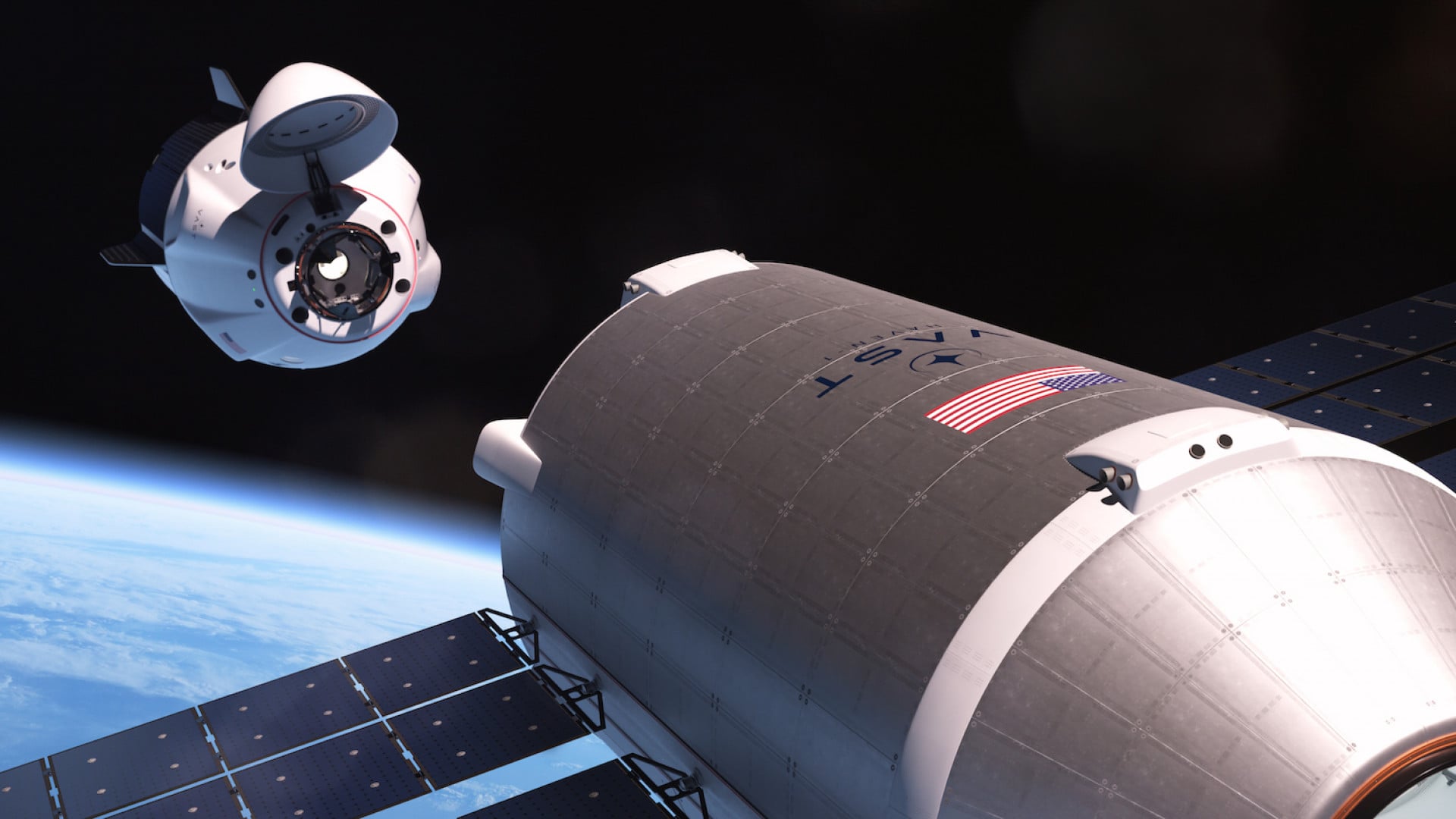 A rendering of the Haven-1 space station with a SpaceX Crew Dragon capsule preparing to dock.
