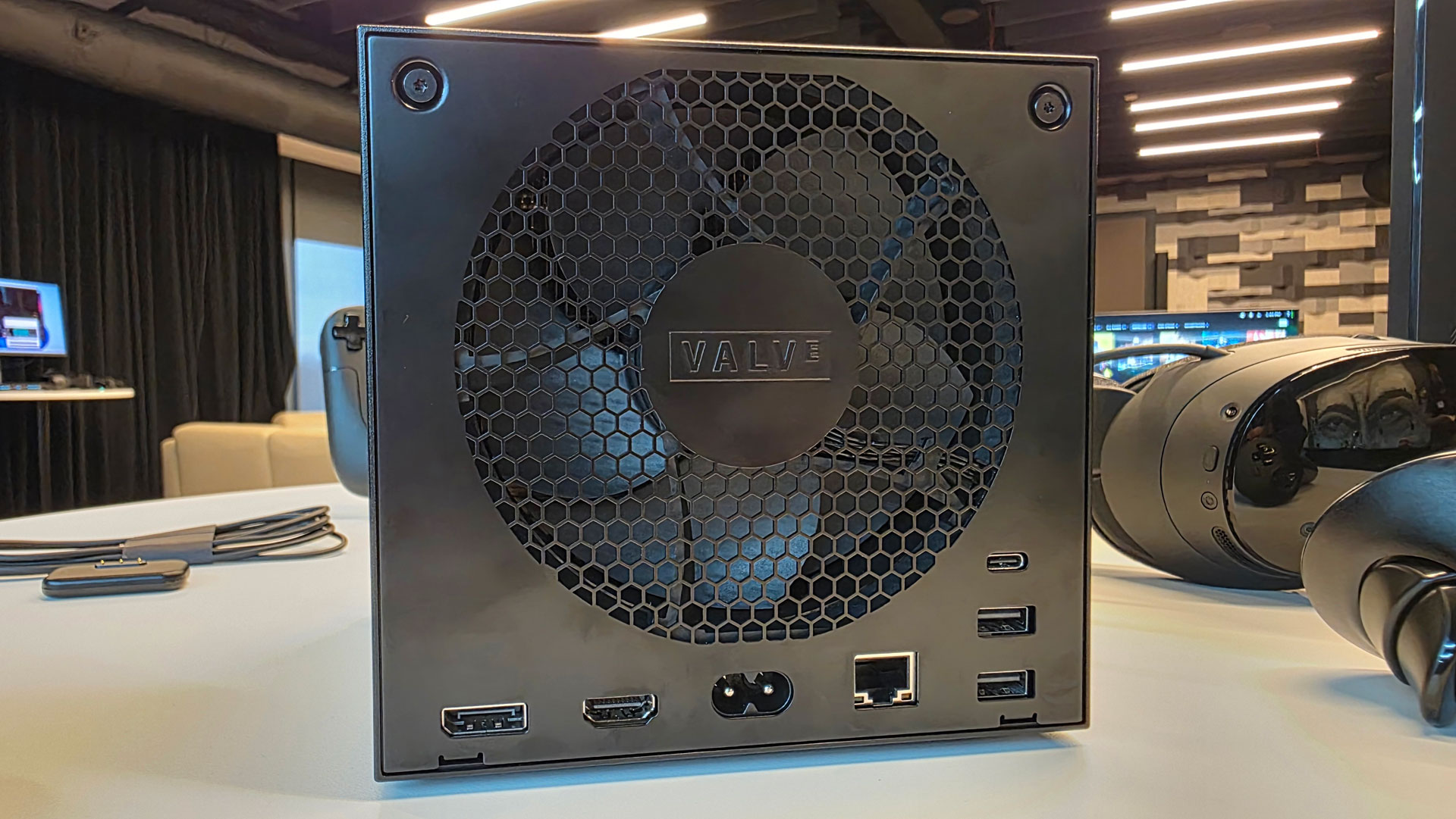 The back panel of the Steam Machine showing the HDMI and USB connectivity.