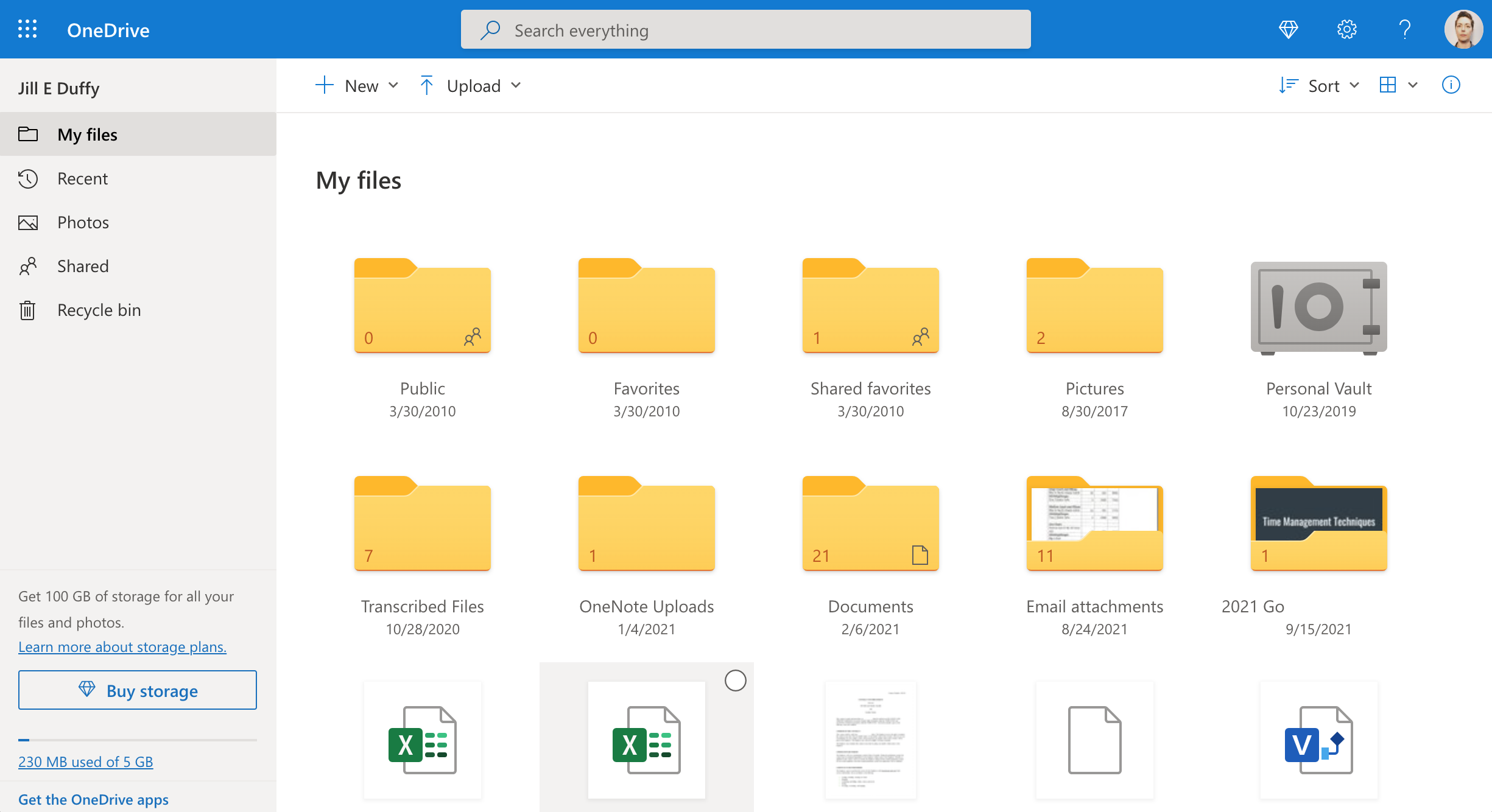Screenshot of the Microsoft OneDrive web interface showcasing files and folders.
