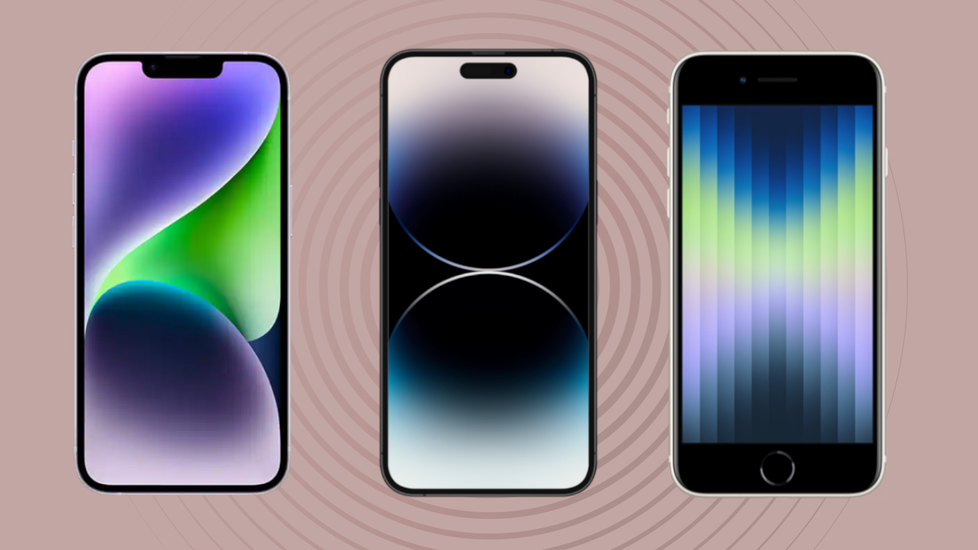 Front and back views of iPhone 14, iPhone 14 Pro, and iPhone SE models aligned on a grey surface.