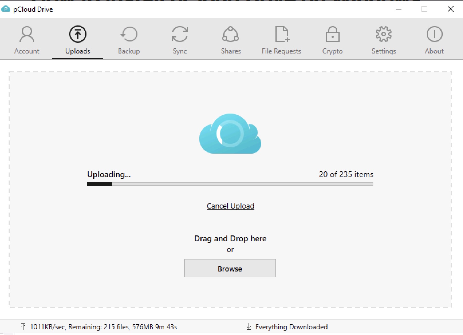 A pCloud desktop application window displaying a file list and management interface.