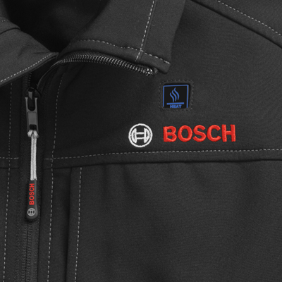 A black Bosch 12V heated jacket with the battery holster visible.