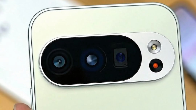 A close-up view of the horizontal camera bar on the back of a Pixel smartphone.