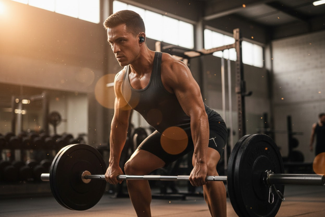 An individual focused on gym training while wearing secure-fit noise-canceling earbuds.