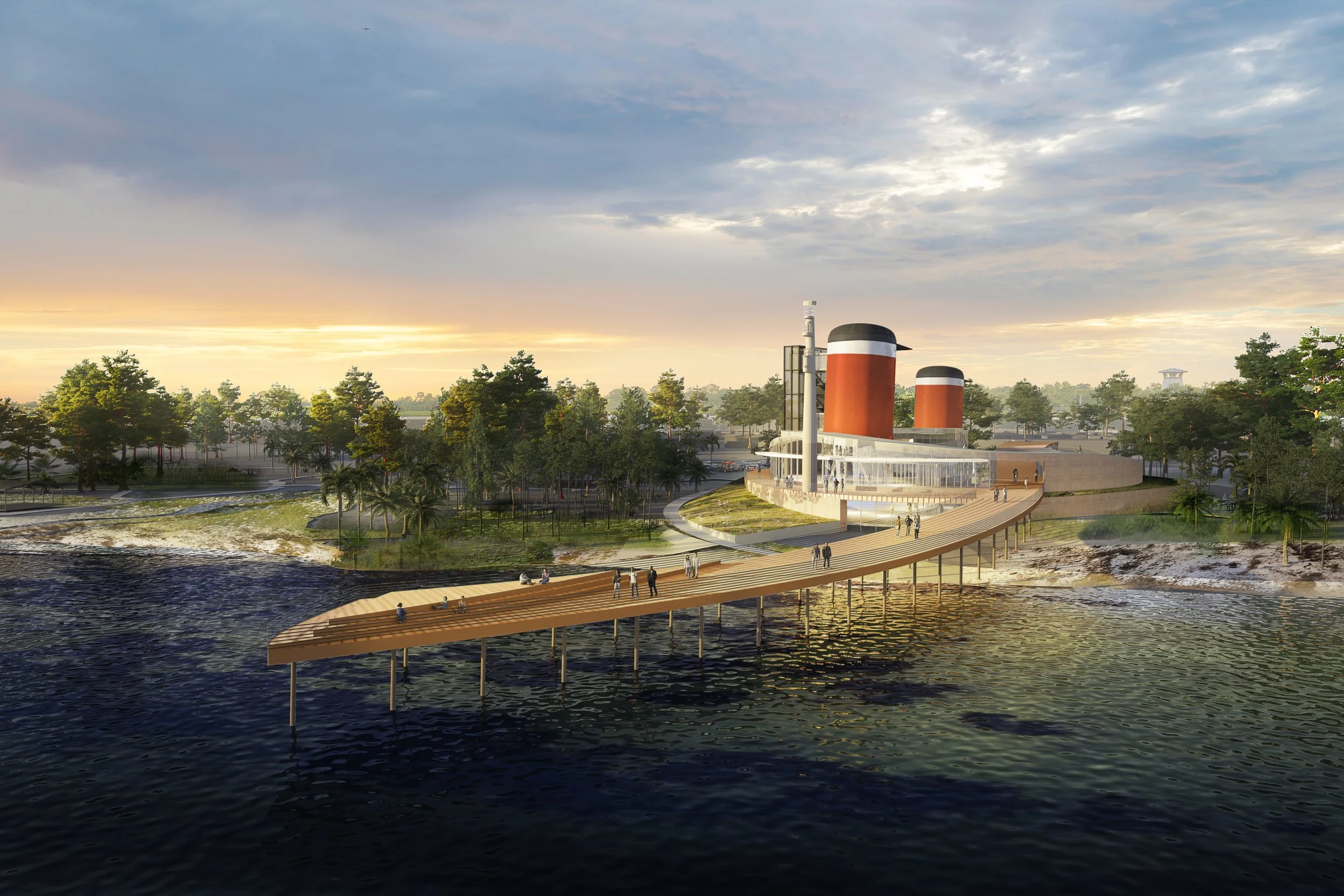 Architectural rendering of the exterior of the proposed SS United States Museum on a waterfront.
