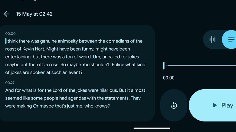 A close-up screenshot of the transcription interface in the Pixel Recorder app.