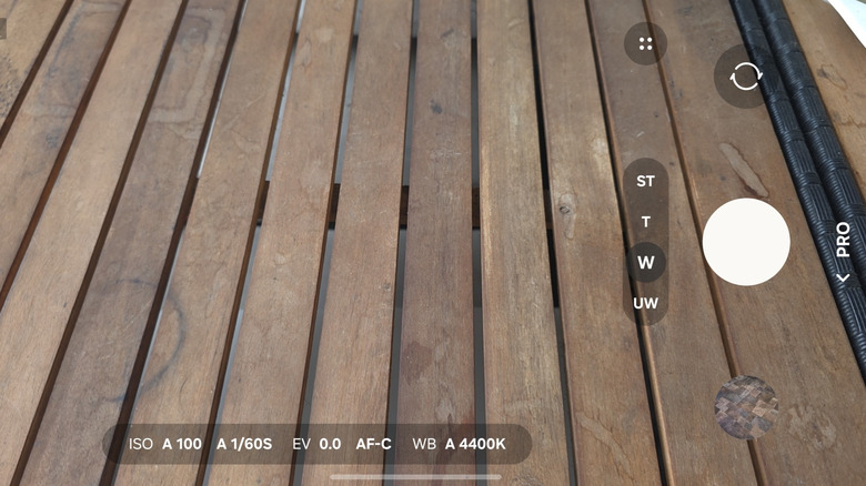 Samsung Galaxy camera app screen with Pro Mode activated, showing ISO and Shutter Speed controls.