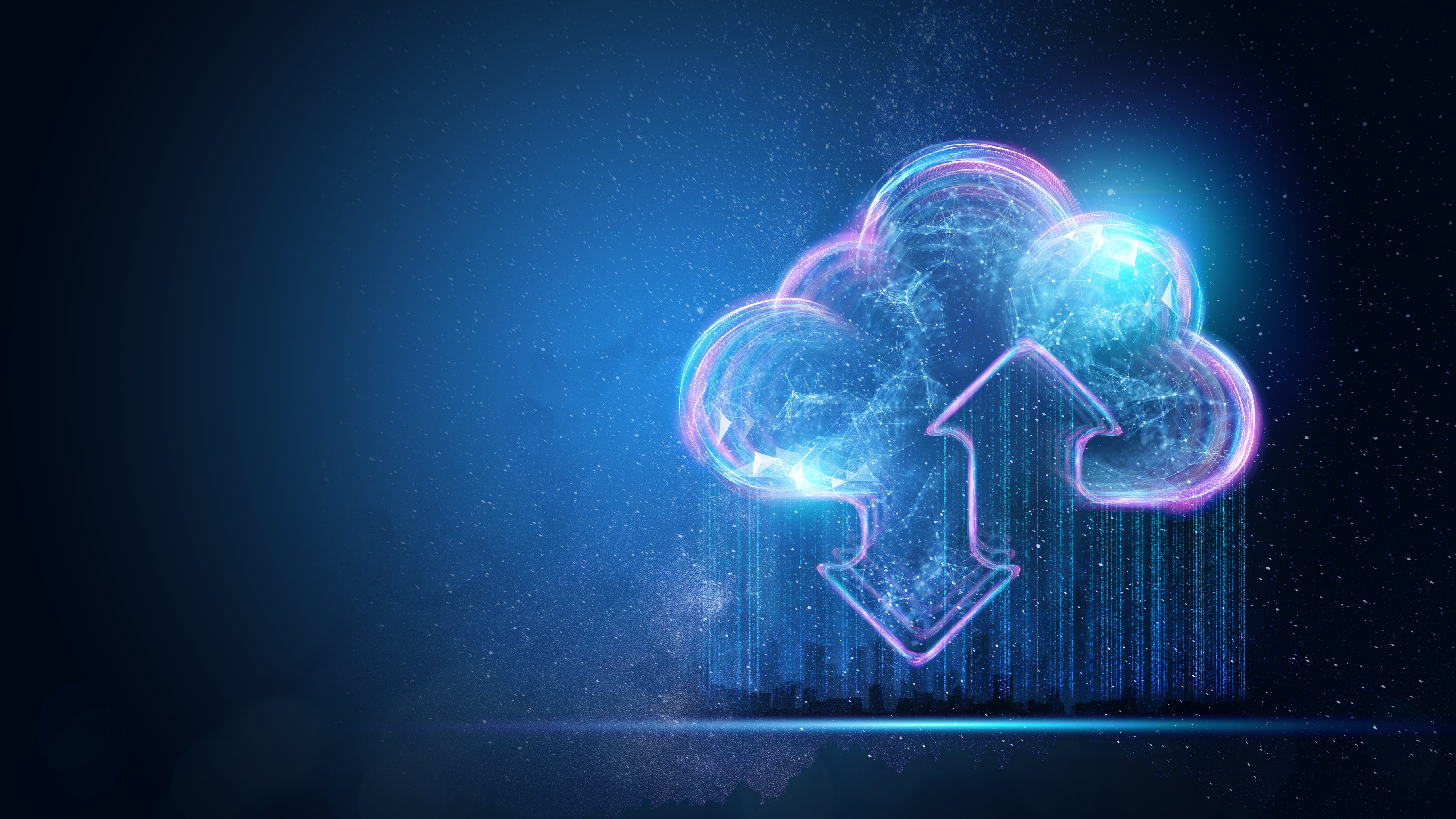 An abstract digital visualization of cloud storage nodes connected by blue lines.