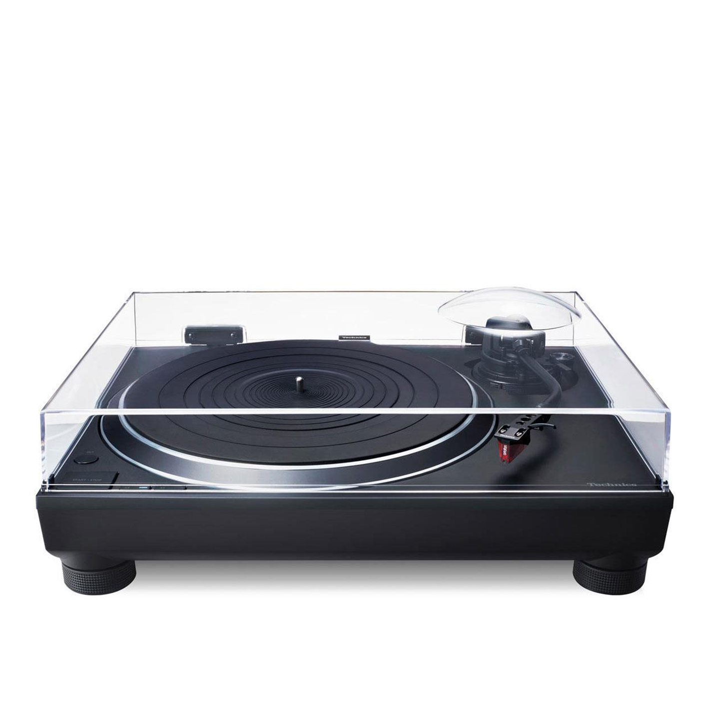 A black Technics SL-1500C direct-drive turntable featuring a sleek, minimalist design.