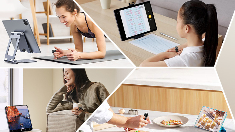 Four-panel collage showing a ring remote being used while exercising, studying, watching videos, and cooking.