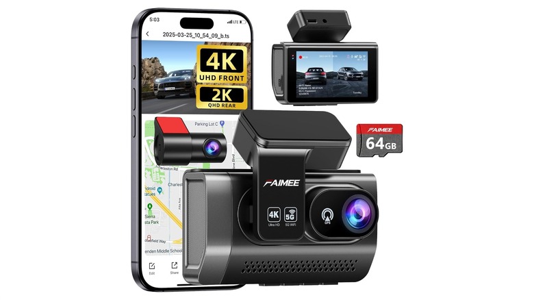 The Faimee dash cam kit including the front unit, a small rear camera, and a smartphone displaying its live feed.