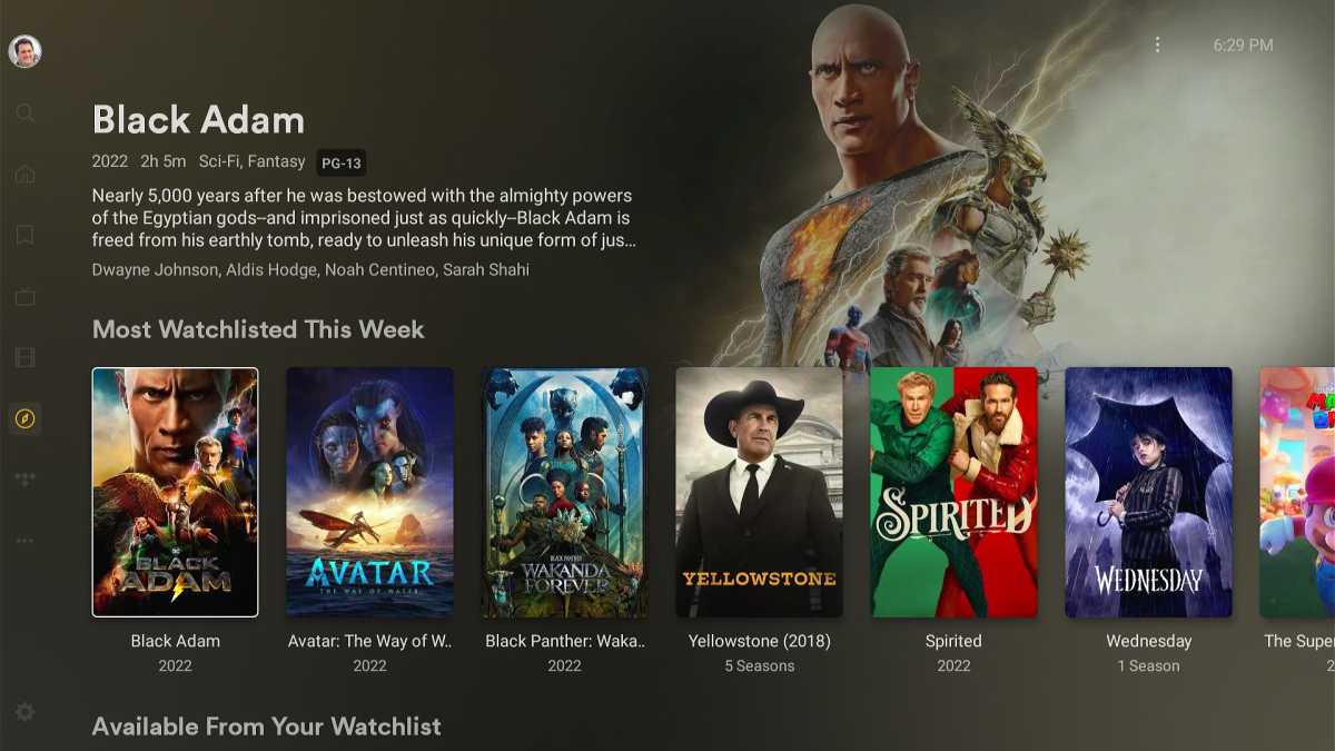 The Plex Discover interface on a TV screen, showcasing trending content and unified watchlists.