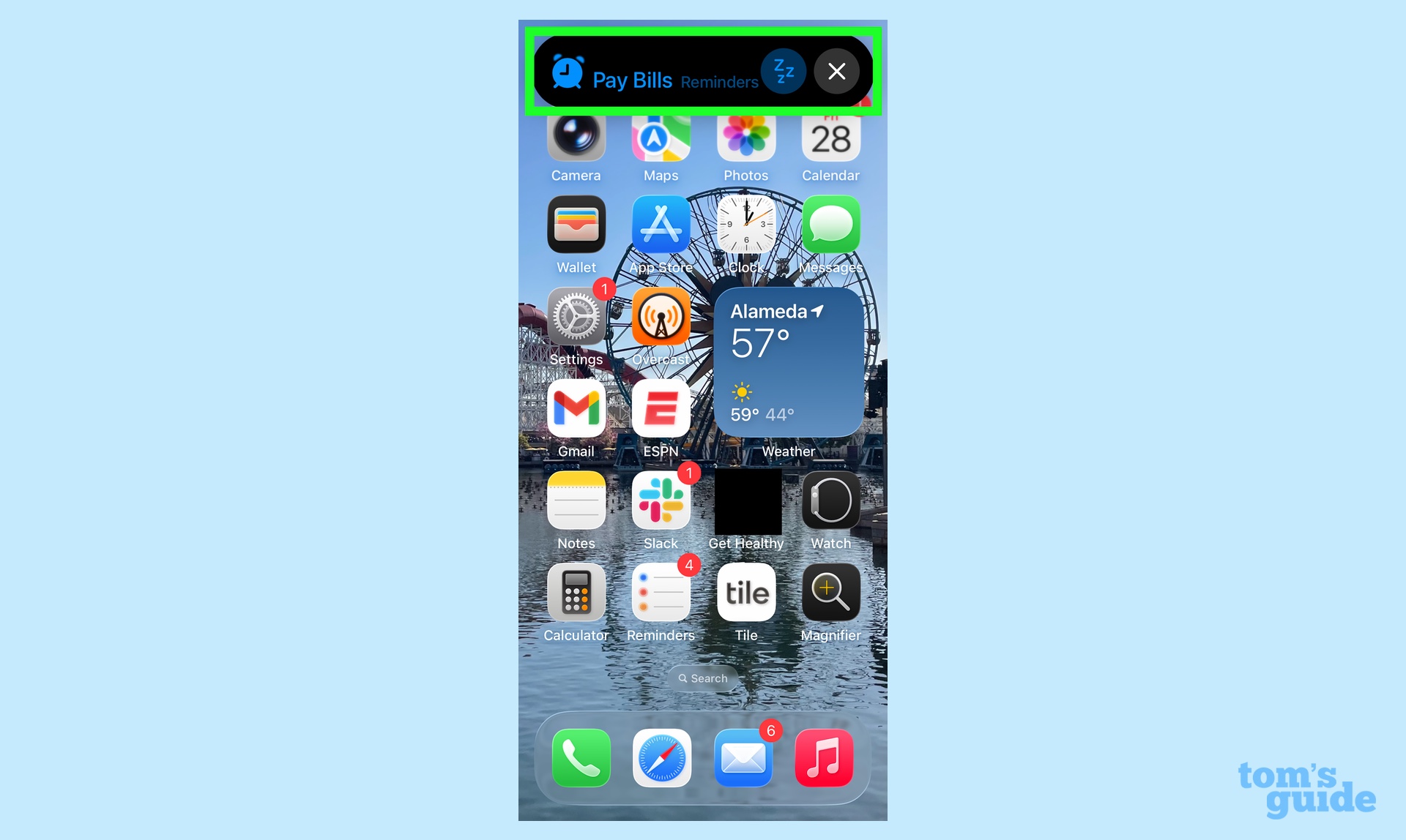 An active urgent reminder notification appearing prominently on the iPhone lock screen.