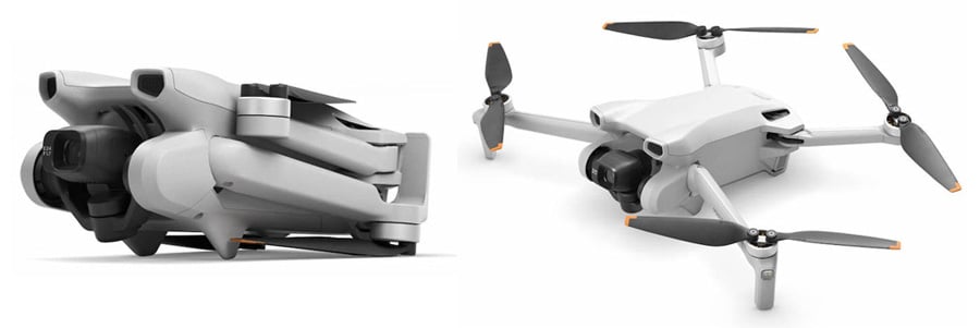 DJI Mini 3 drone with its rotating vertical camera.