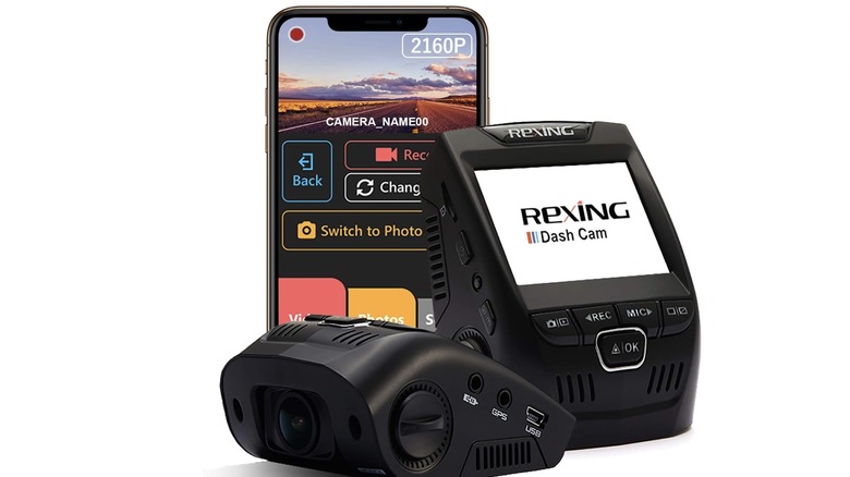 Multiple views of the Rexing V1 dash cam and a smartphone showing the Rexing Connect app interface.