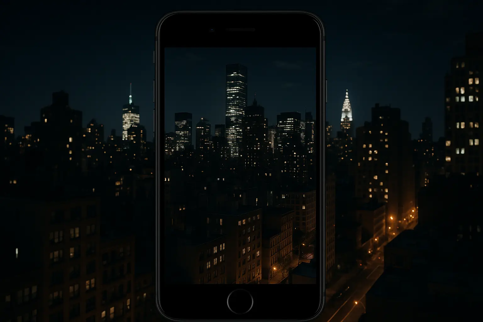 A comparison showing a dark scene versus a brightened, detailed photo captured by a smartphone in night mode.