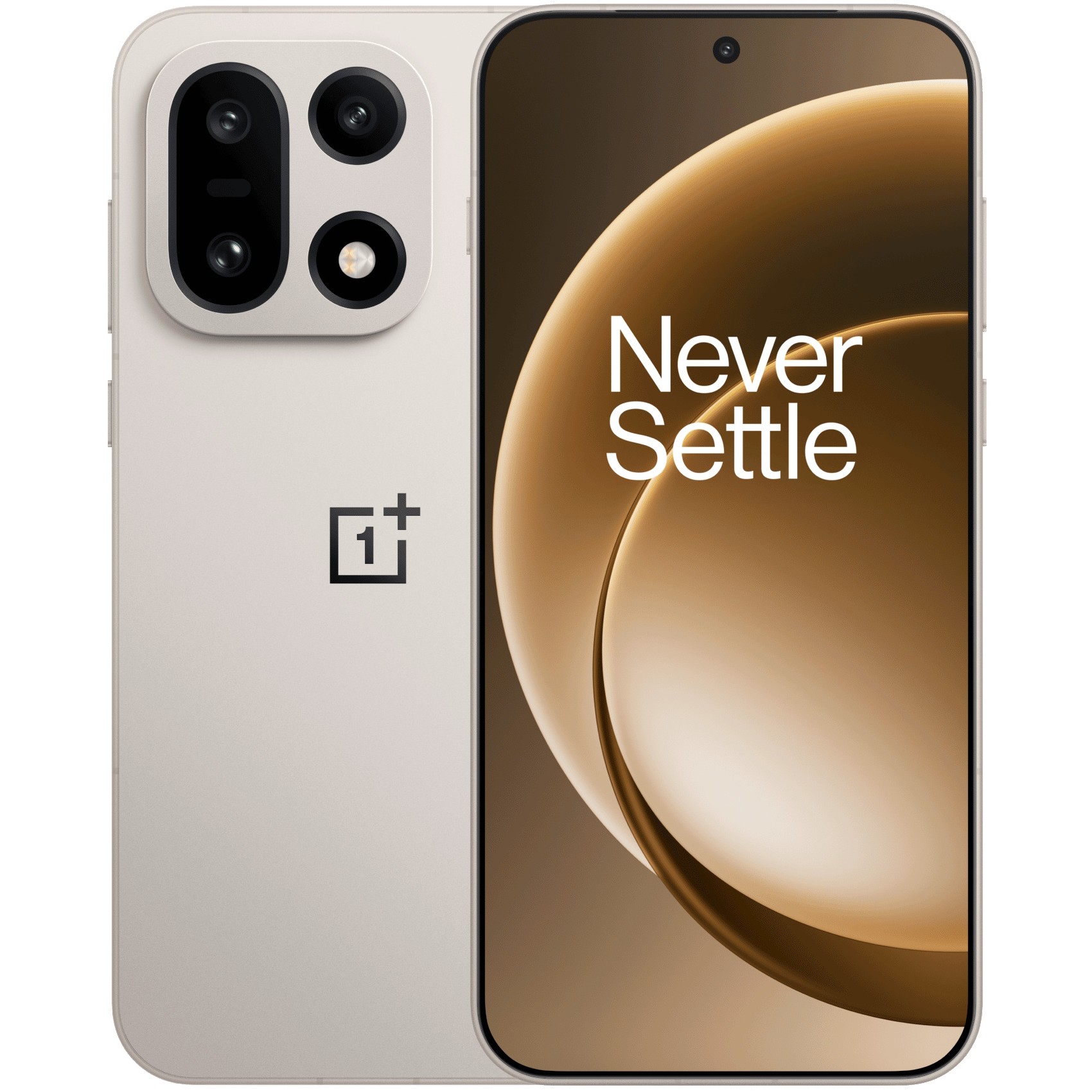 OnePlus 15 smartphone in Sand Storm color variant.