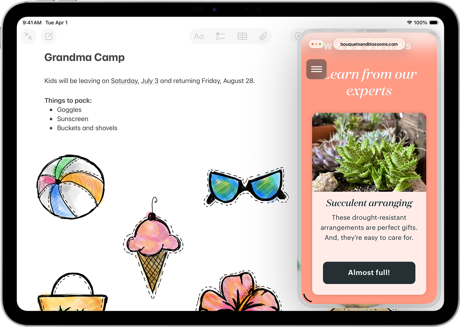 An iPad screen displaying an app in Slide Over mode, floating on the right side of the screen.