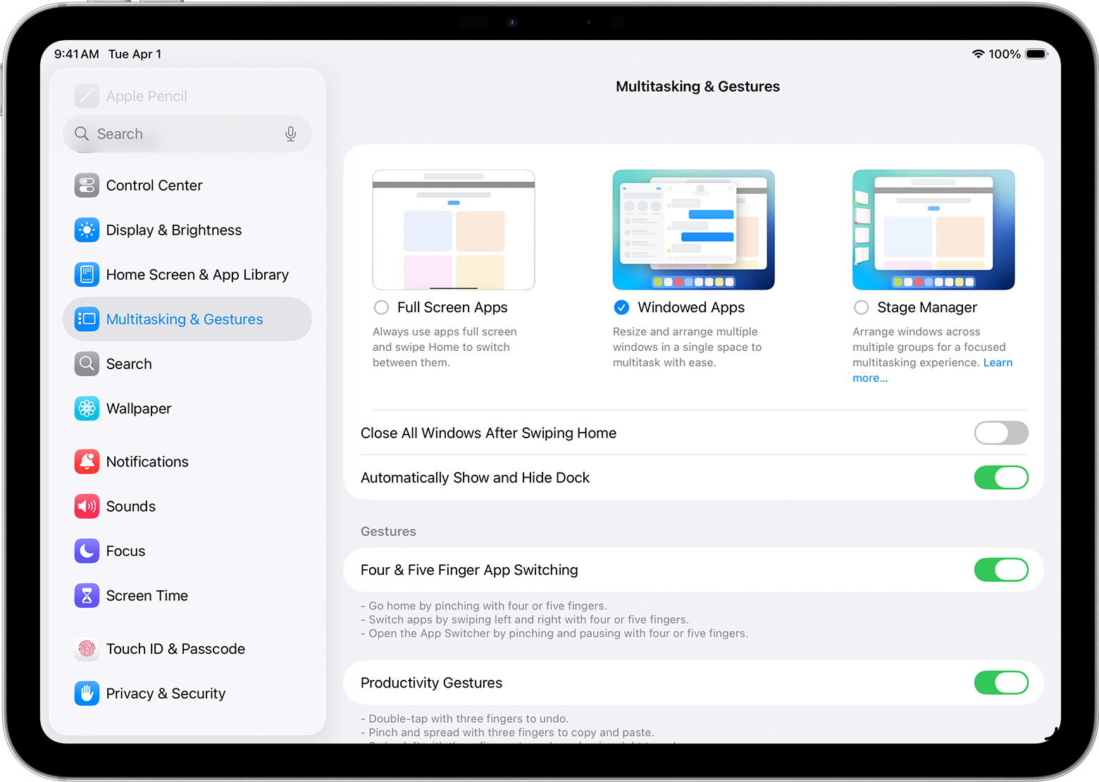 The iPadOS Settings app interface open to the Multitasking and Gestures configuration screen.