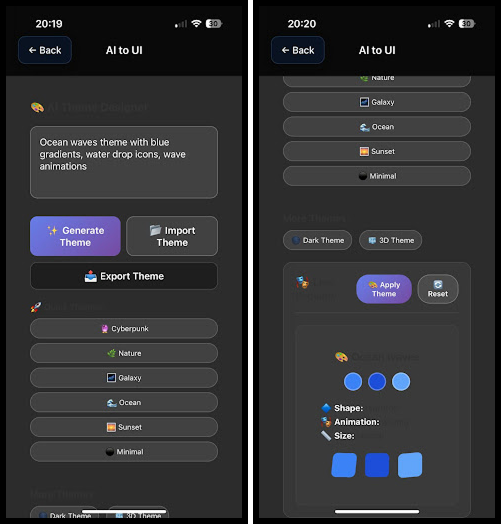 A settings menu showing AiOS customization features on a modern iPhone.