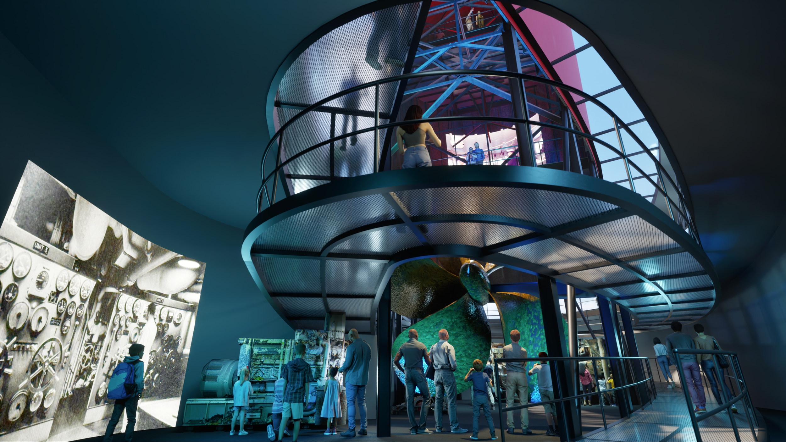 Conceptual interior design of a museum gallery showing displays and artifacts.