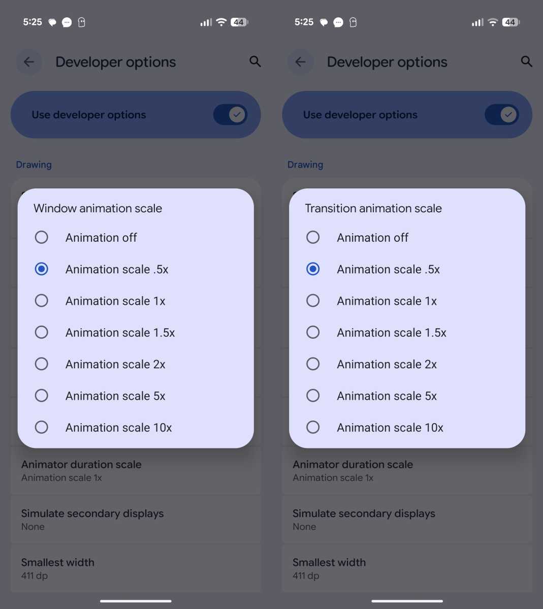 The Android developer options menu showing Window, Transition, and Animator duration scale settings.