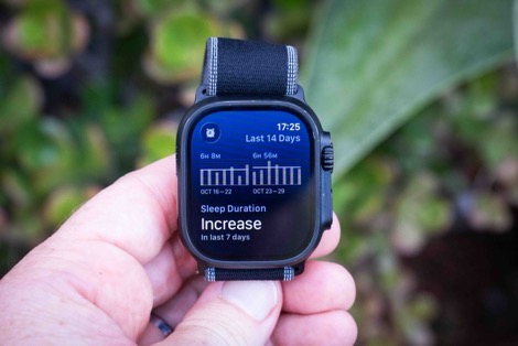 The Sleep tracking app on Apple Watch Ultra 3 showing a sleep score and duration.