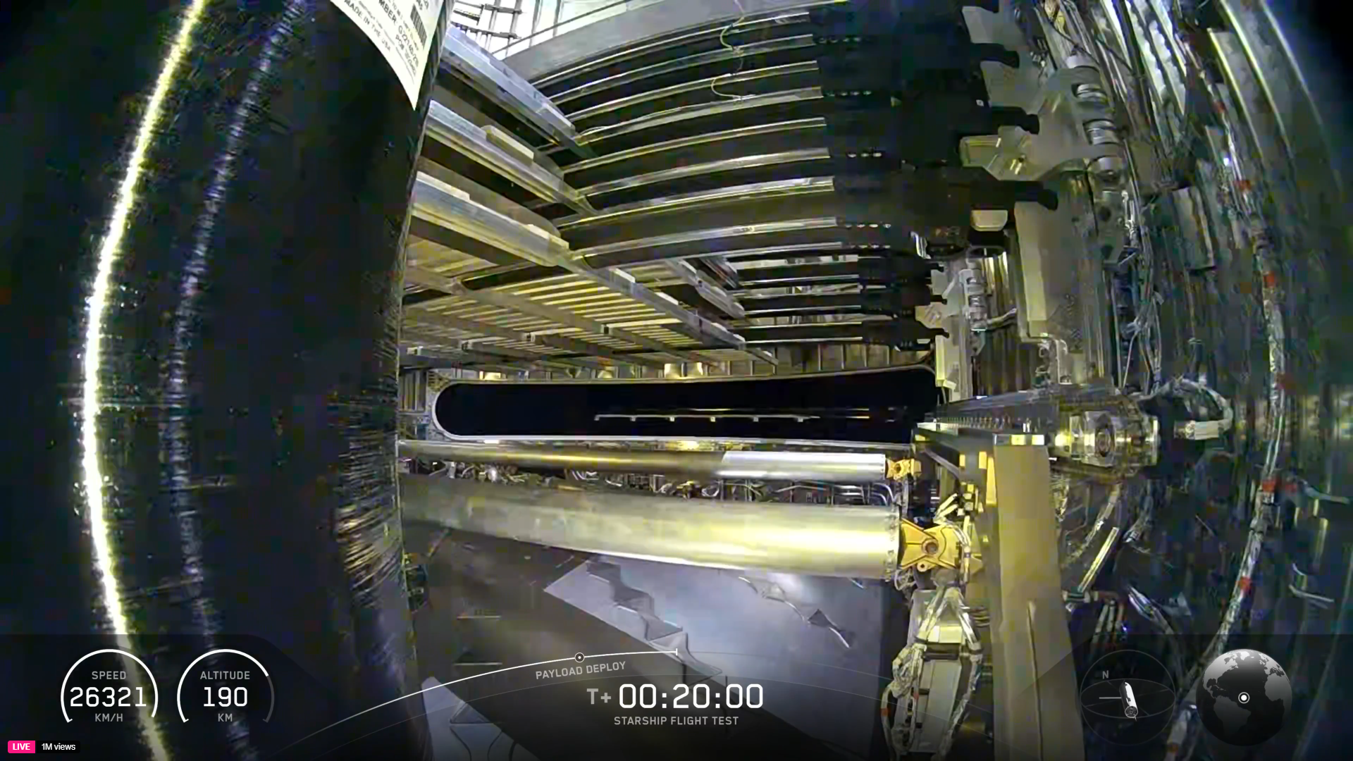 A Starship payload bay deploying Starlink Version 3 satellite simulators into space.