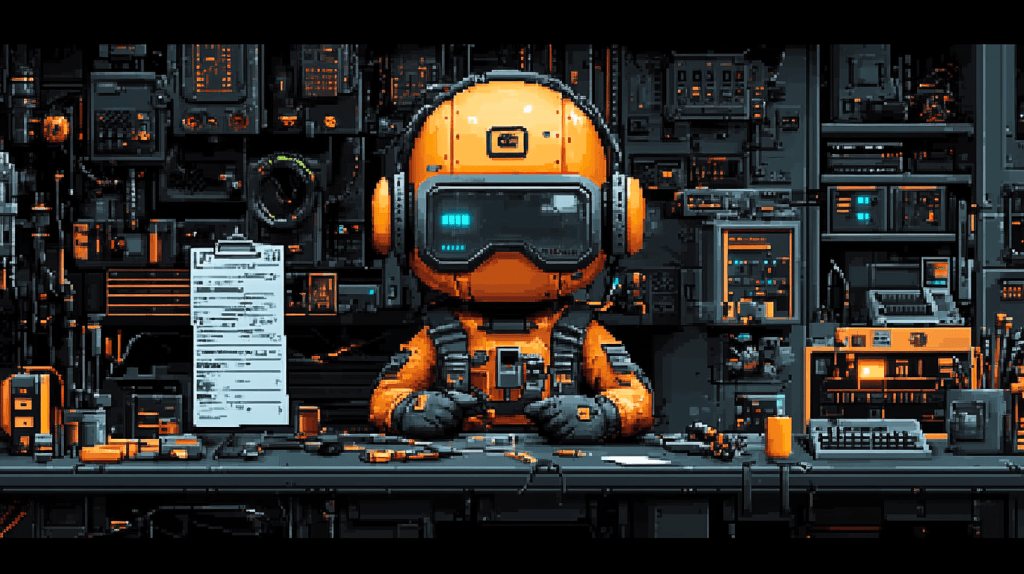 8-bit pixel character wearing protective gloves and safety gear.