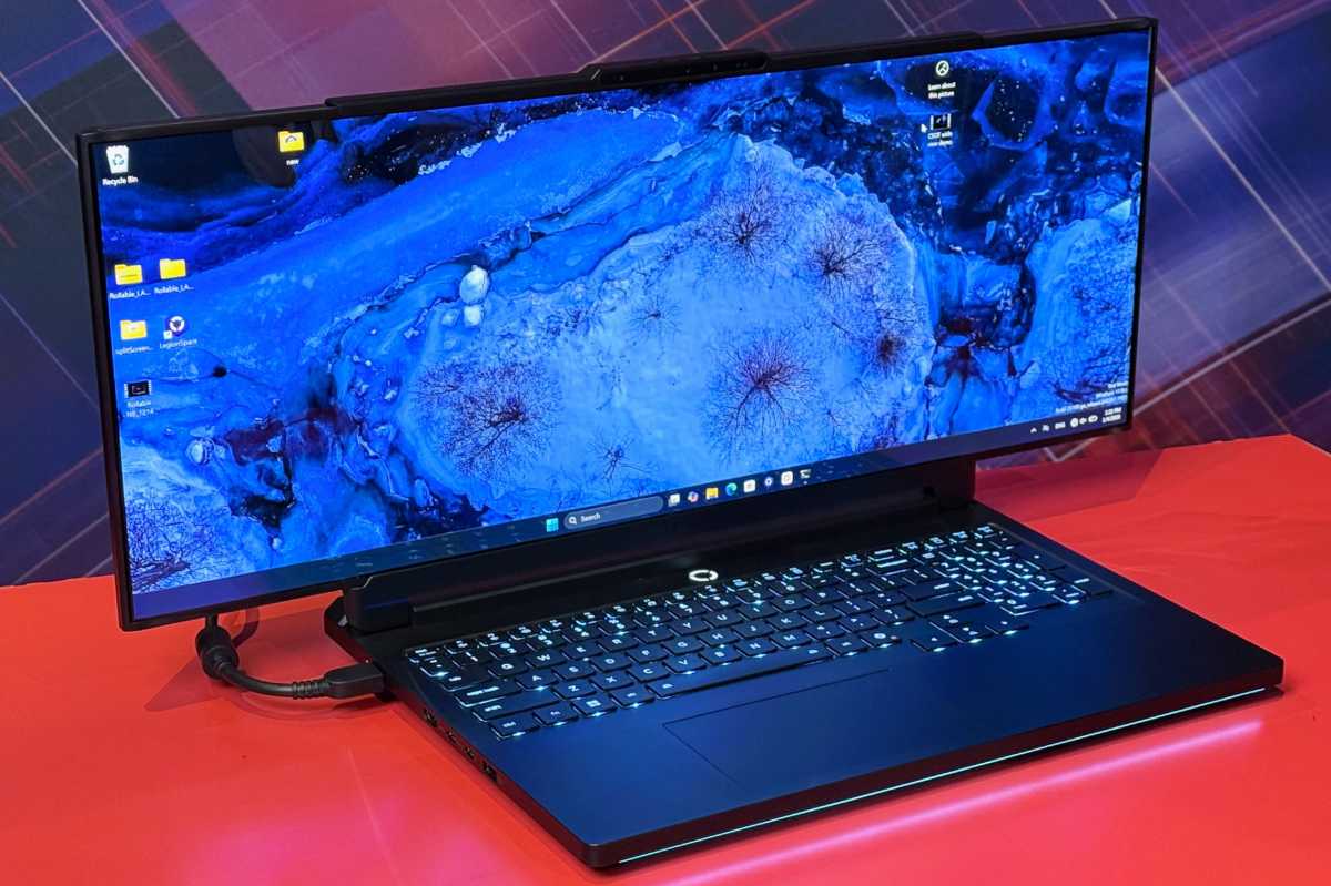 A Lenovo Legion Pro Rollable laptop concept with its screen extended vertically.