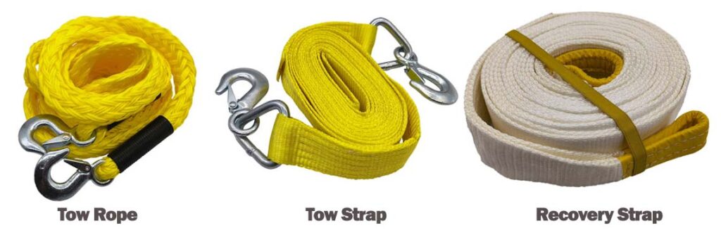Assorted kinetic recovery ropes and heavy duty tow straps laid out