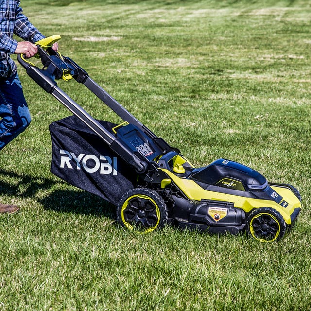 A Ryobi 40V HP 21-inch cordless self-propelled lawn mower.