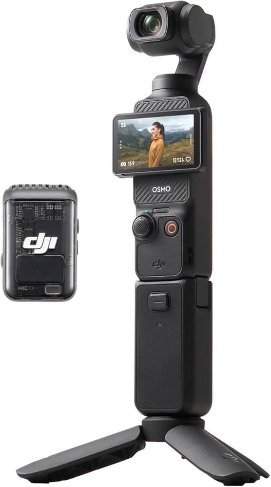 A DJI Osmo Pocket 3 camera kit with its wireless microphone and accessories.