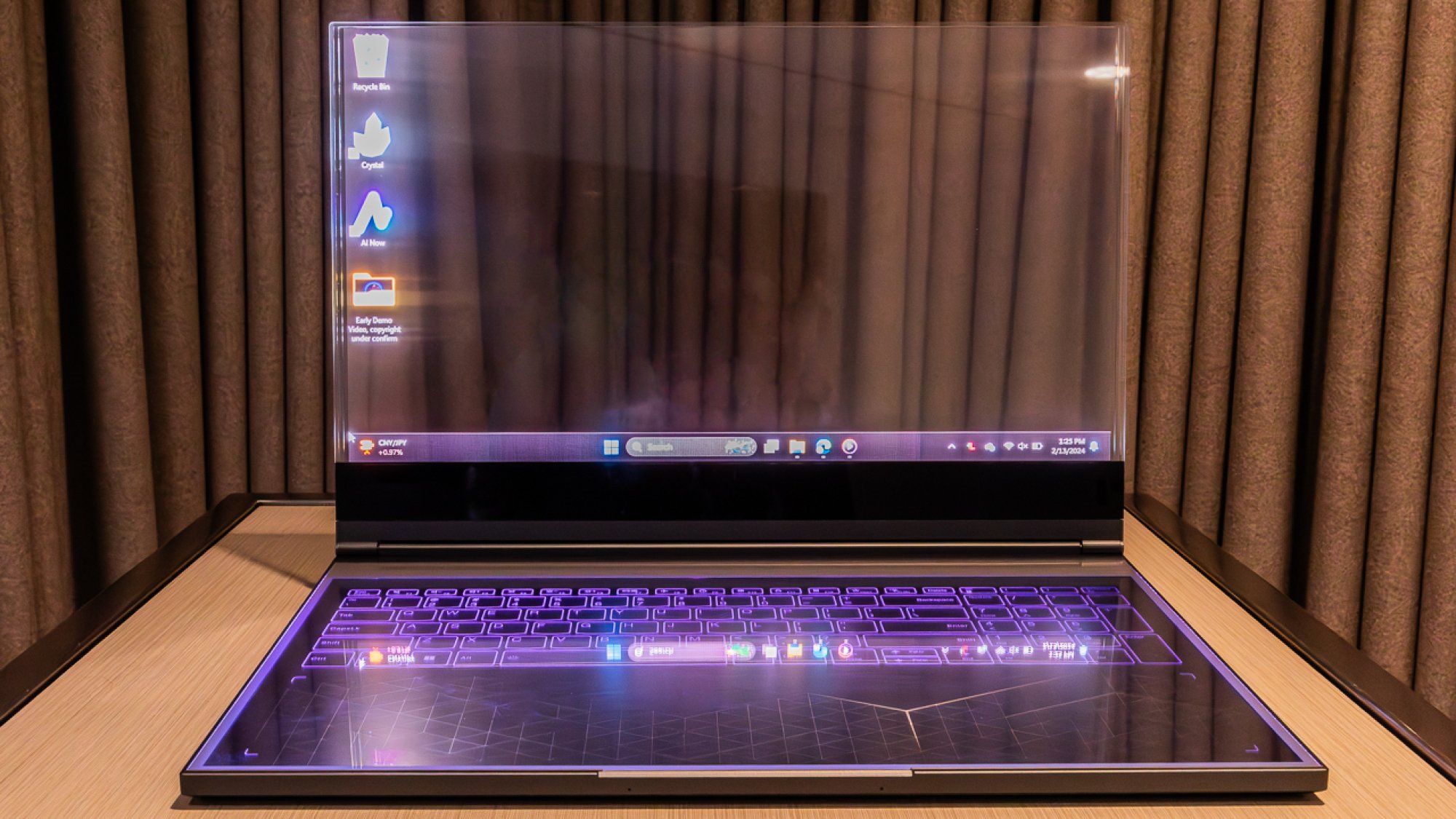 The digital keyboard area of the Lenovo transparent laptop which doubles as a drawing surface.