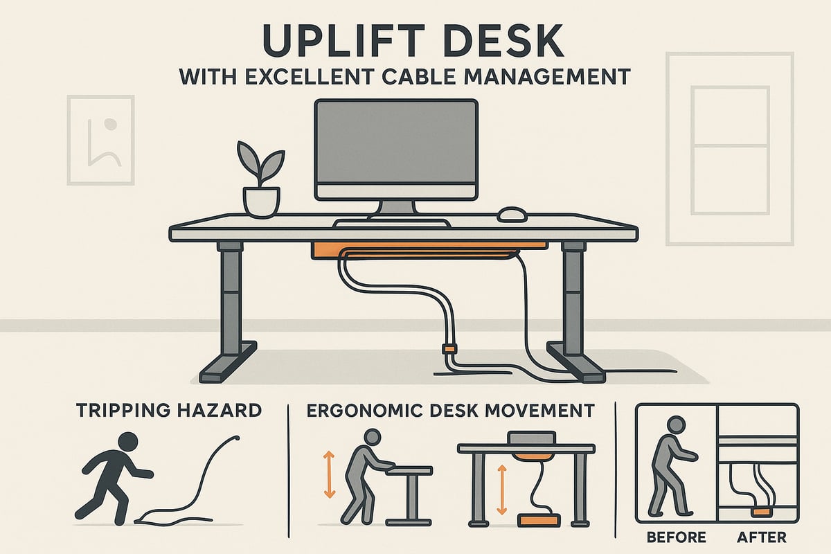 Infographic showing the impact of wire management on workstation productivity and organization.