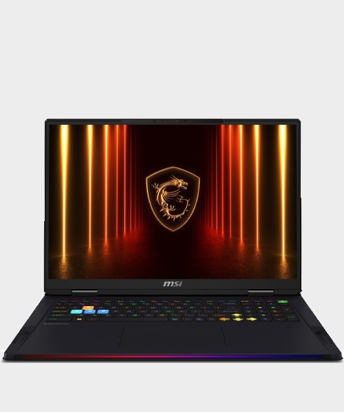 MSI Raider A18 HX gaming laptop with its signature light bar and large screen.