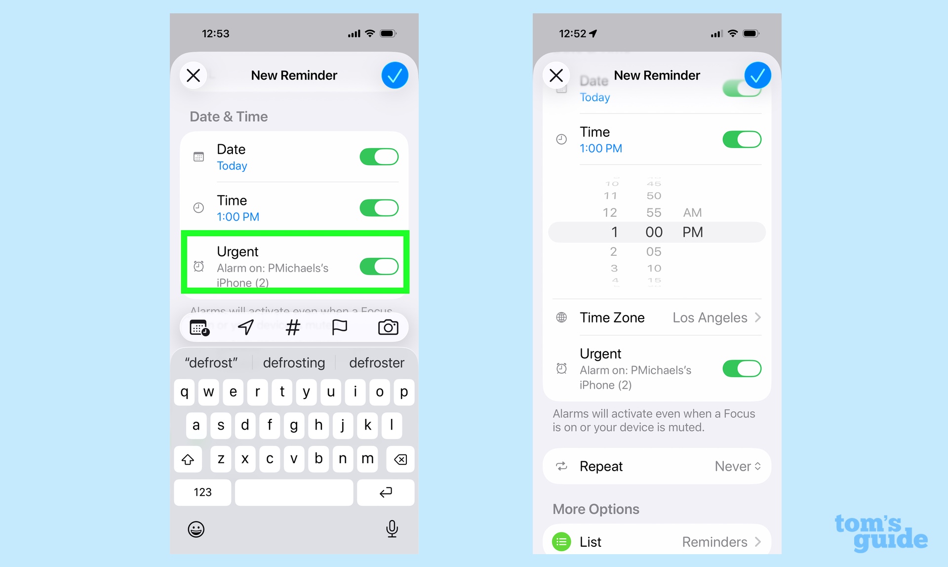 The settings menu of a specific reminder showing the 'Urgent' toggle being switched to the on position.