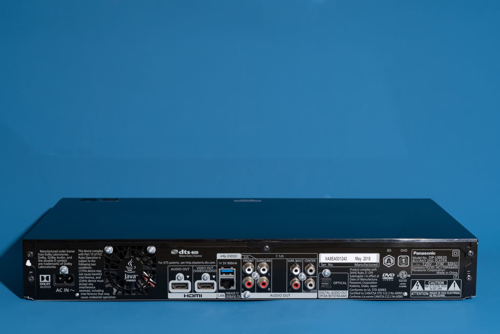 Rear panel of the Panasonic DP-UB820 showing various connectivity ports including HDMI and analog audio.